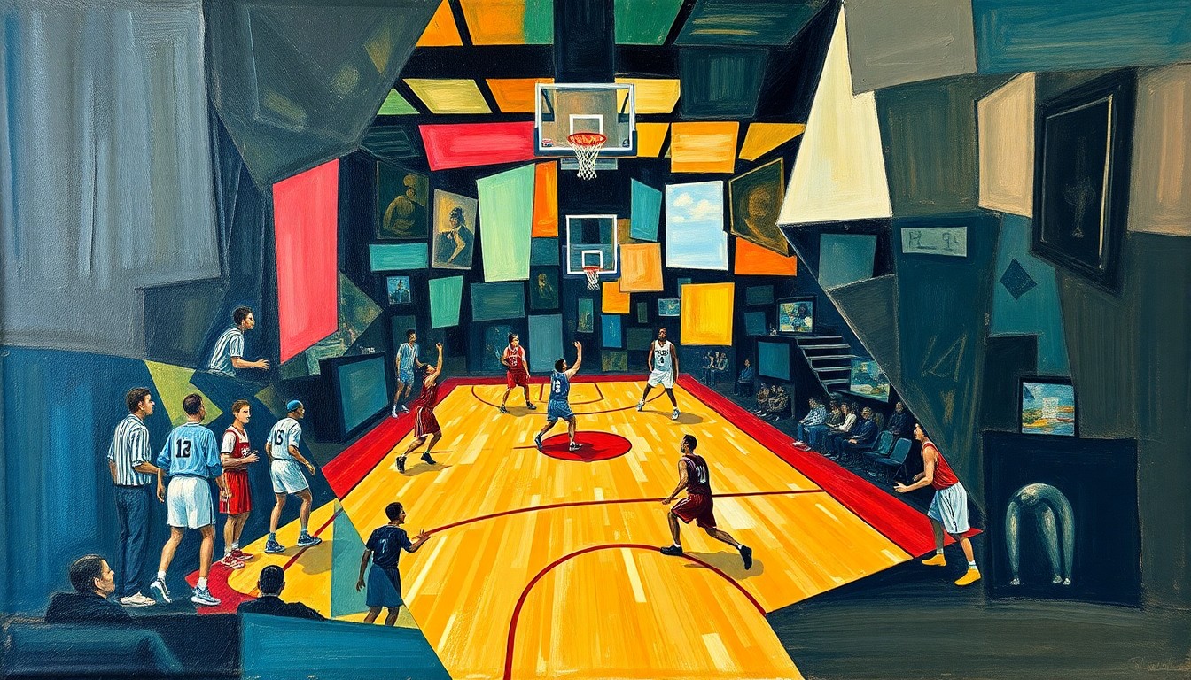 A cubist-style painting featuring overlapping geometric shapes and planes in shades of blue, orange, and green, representing the chaotic and fragmented nature of a heated basketball game and the controversy surrounding the officiating.