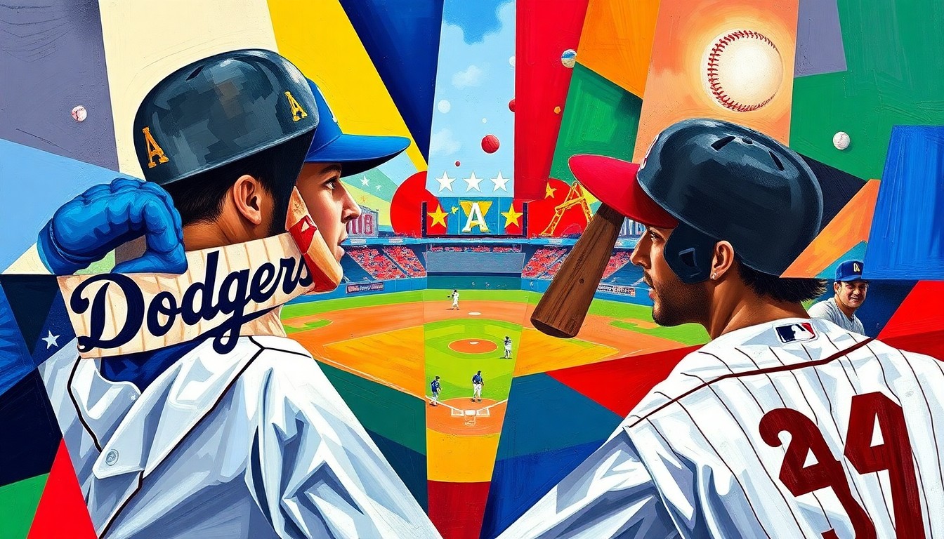 A cubist, geometric painting depicting a baseball game in progress, with overlapping planes of color representing the players, field, and stadium elements. The vibrant colors of the Dodgers and Diamondbacks uniforms are prominent, capturing the energy and excitement of the game.