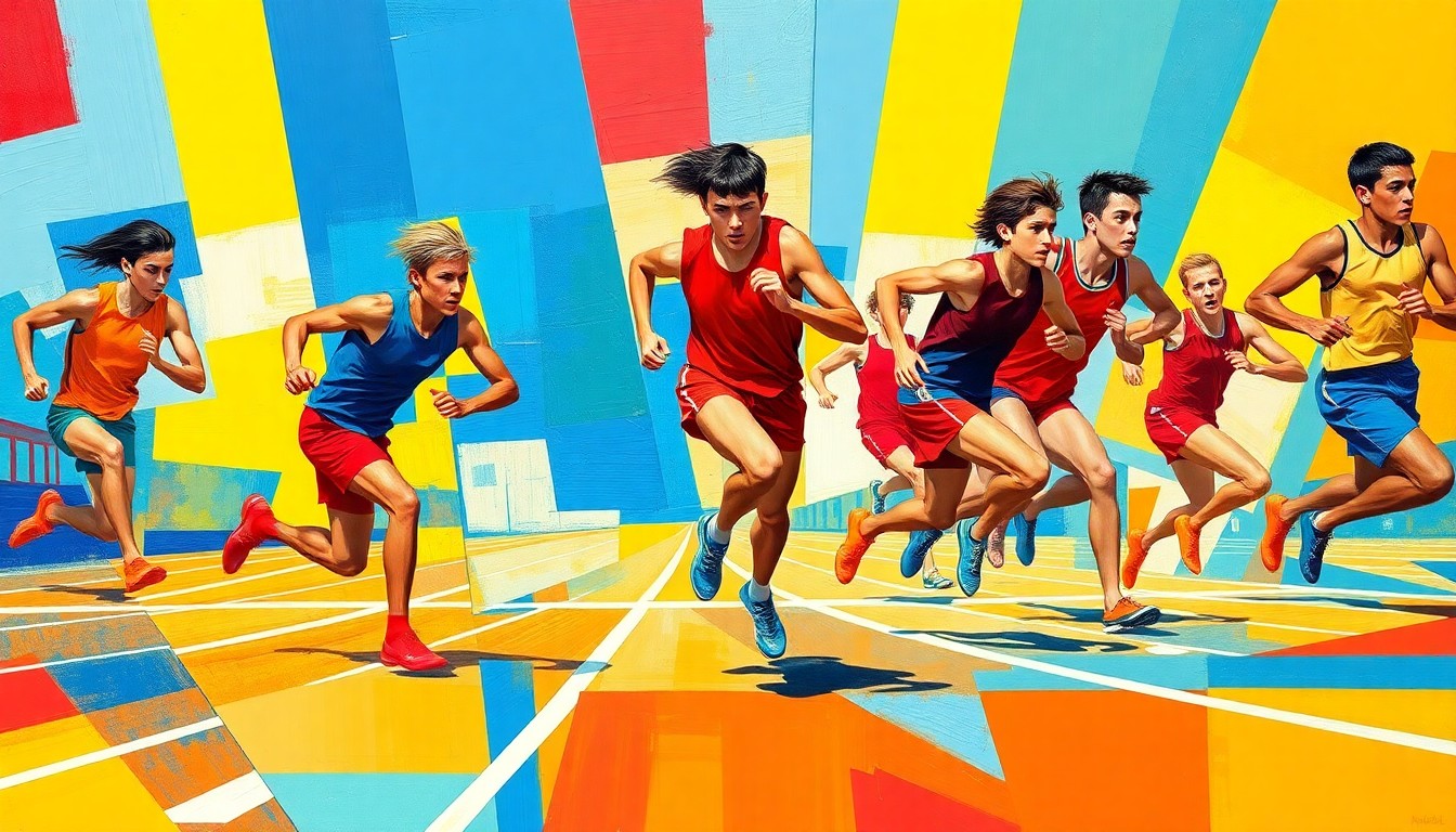 A fractured, geometric painting with overlapping planes of bright colors representing the motion and athleticism of a track and field event.