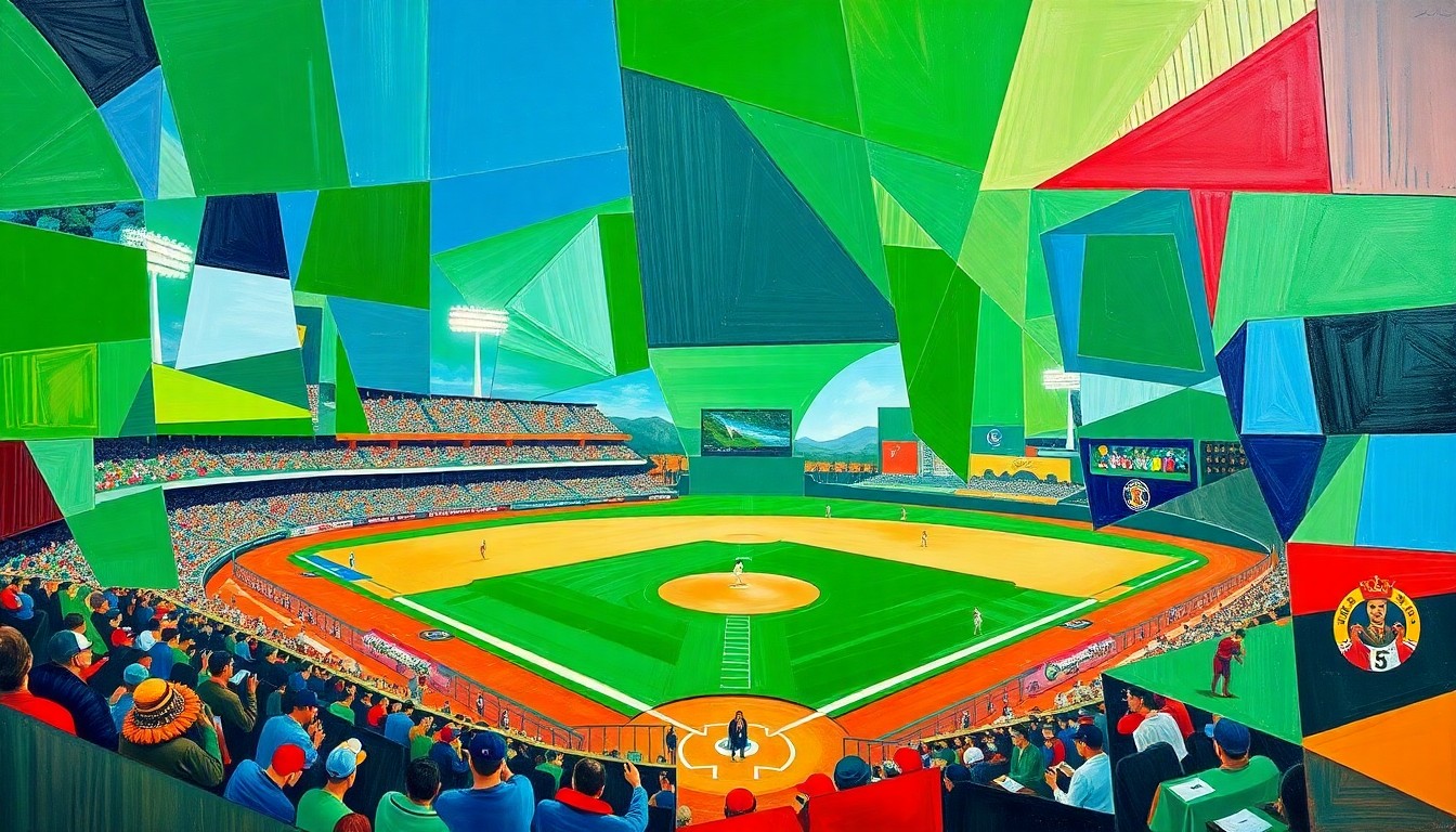 A cubist, geometric painting depicting a baseball game, with overlapping planes of bright colors representing the dynamic action on the field.