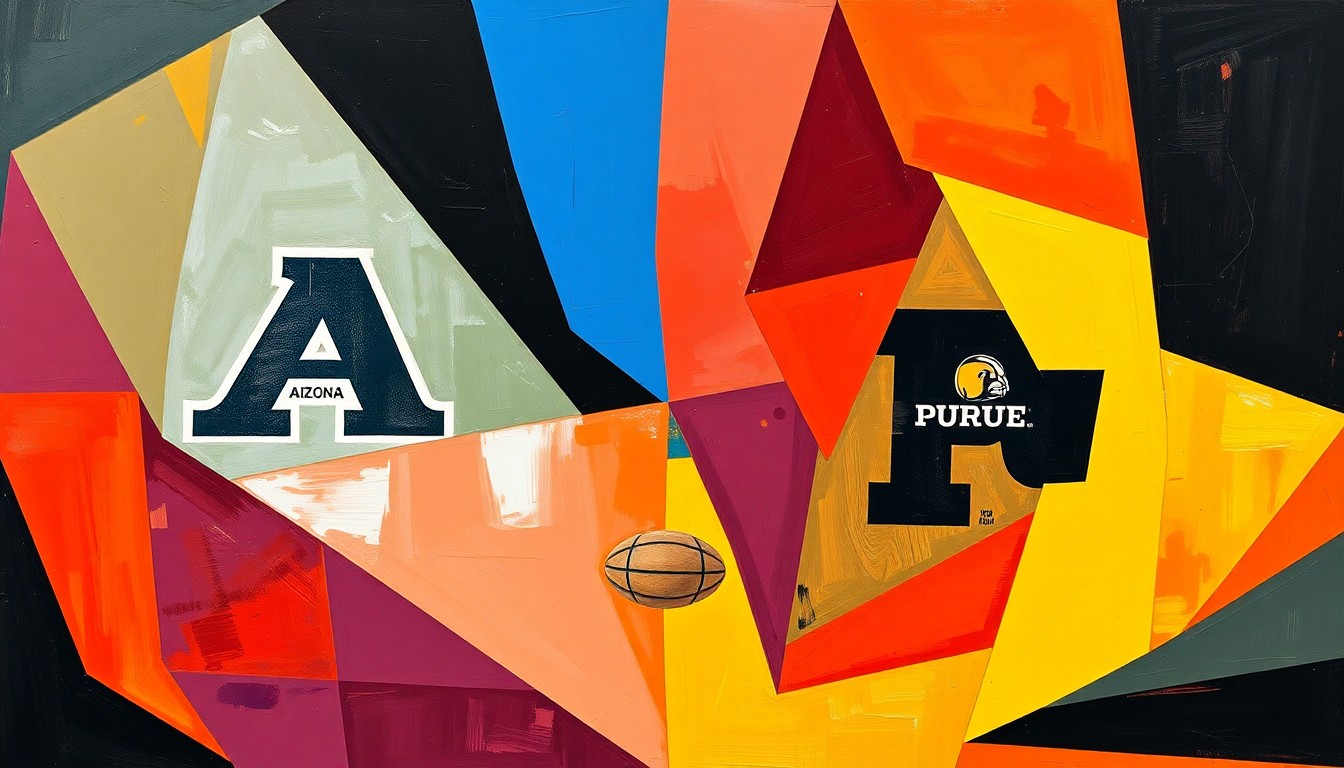 A cubist, geometric painting featuring overlapping planes of Arizona's red and blue colors and Purdue's black and gold, capturing the dynamic energy and competitive spirit of the NCAA Tournament Elite Eight game between the two teams.