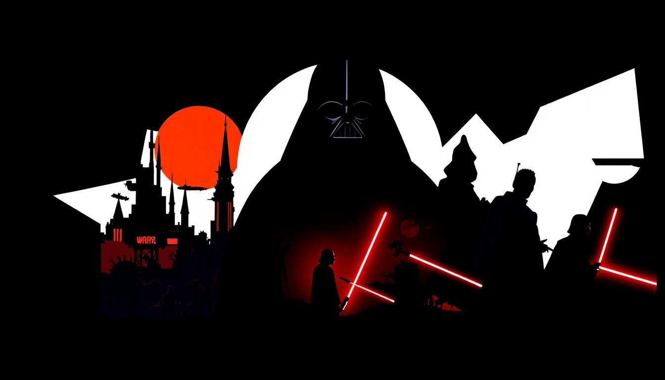 An abstract, minimalist illustration using bold, geometric shapes and silhouettes in deep blues, bright reds, and stark whites to conceptually represent Disney and Star Wars characters and scenes in an elevated, design-forward style.