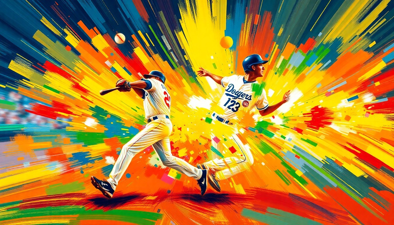 An abstract, expressionist painting in vibrant neon colors, capturing the dynamic energy and excitement of a baseball game, with blurred figures and splashes of color representing the key moments of the Dodgers' come-from-behind win.