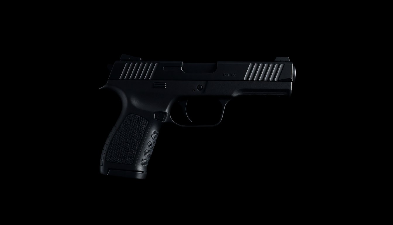An extreme close-up photograph of a non-lethal Byrna SD pistol against a pitch-black background, lit by a harsh, direct camera flash to create a stark, gritty, investigative aesthetic.