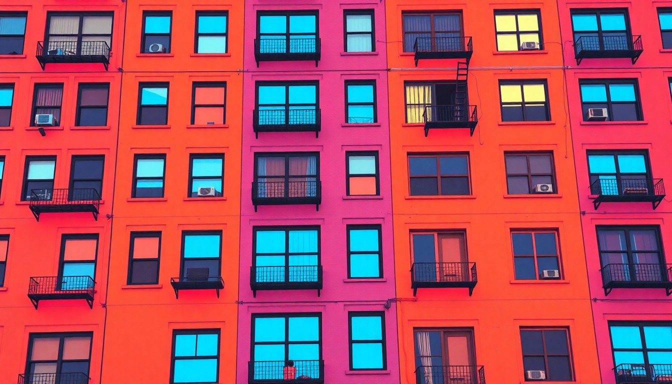 A brightly colored, high-contrast silkscreen print of a single, iconic New York City apartment building facade repeated in a tight grid pattern, utilizing flat, vibrant, and unnatural neon color palettes overlapping with heavy black photographic outlines to conceptually represent the energy and style of urban living.