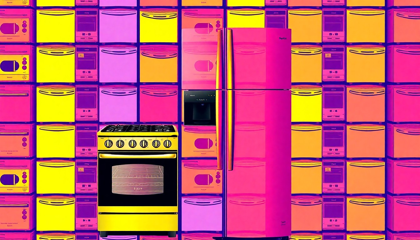 A vibrant, high-contrast silkscreen print of a modern stainless steel kitchen appliance, such as a gas range or refrigerator, repeated in a grid pattern, conceptually representing the premium finishes and amenities of the featured rental property.