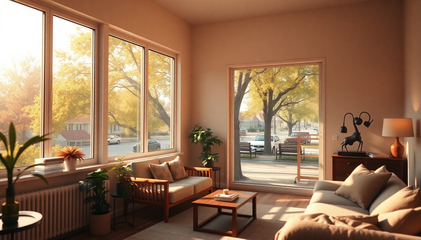 A softly focused, warm-toned photograph of a cozy living room with a large window overlooking a tree-lined street, capturing a sense of tranquility and natural light.