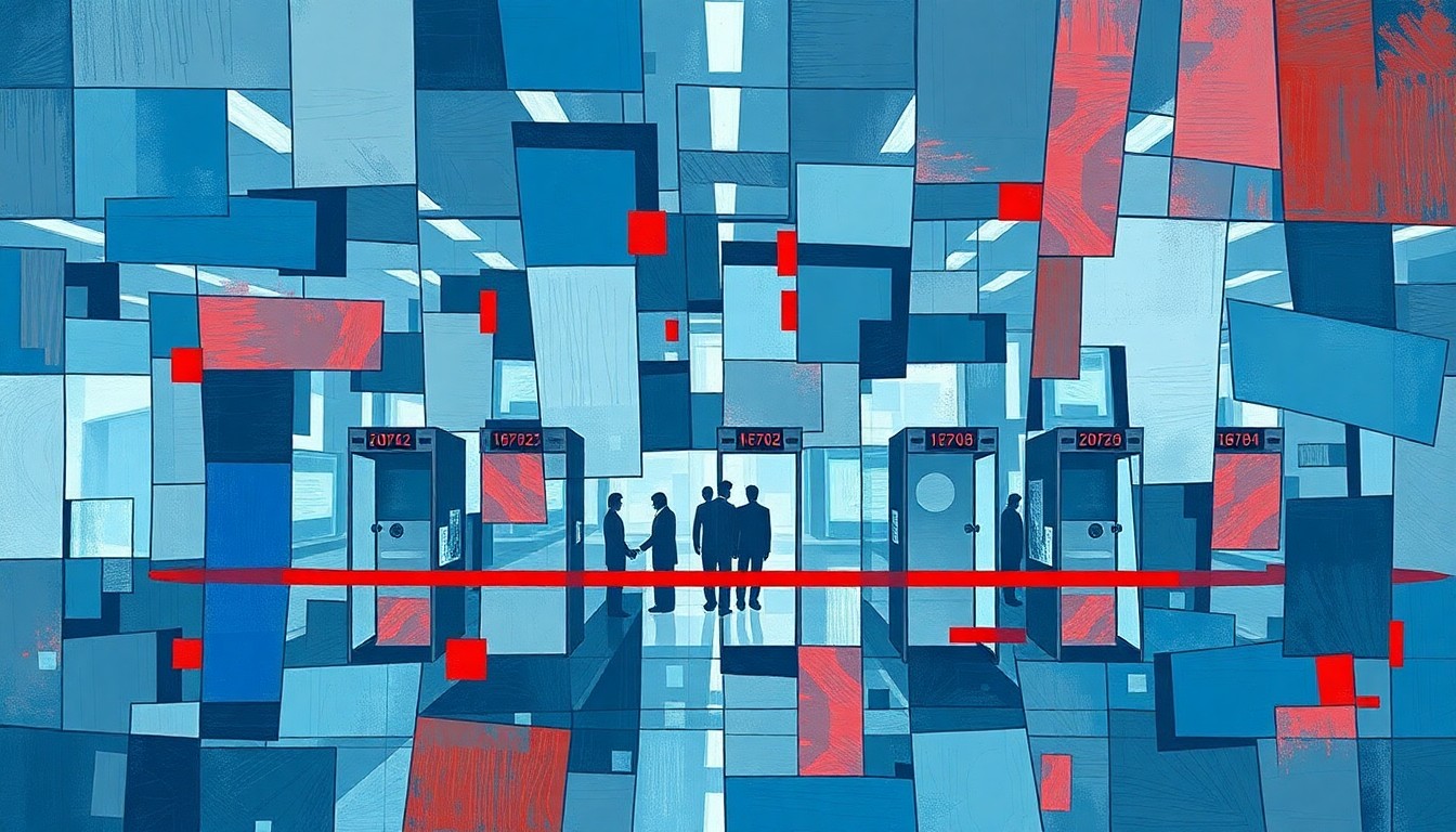 A fragmented, abstract painting depicting an airport security checkpoint, with overlapping geometric shapes and lines in shades of blue, grey, and red, conveying a sense of disruption and chaos.