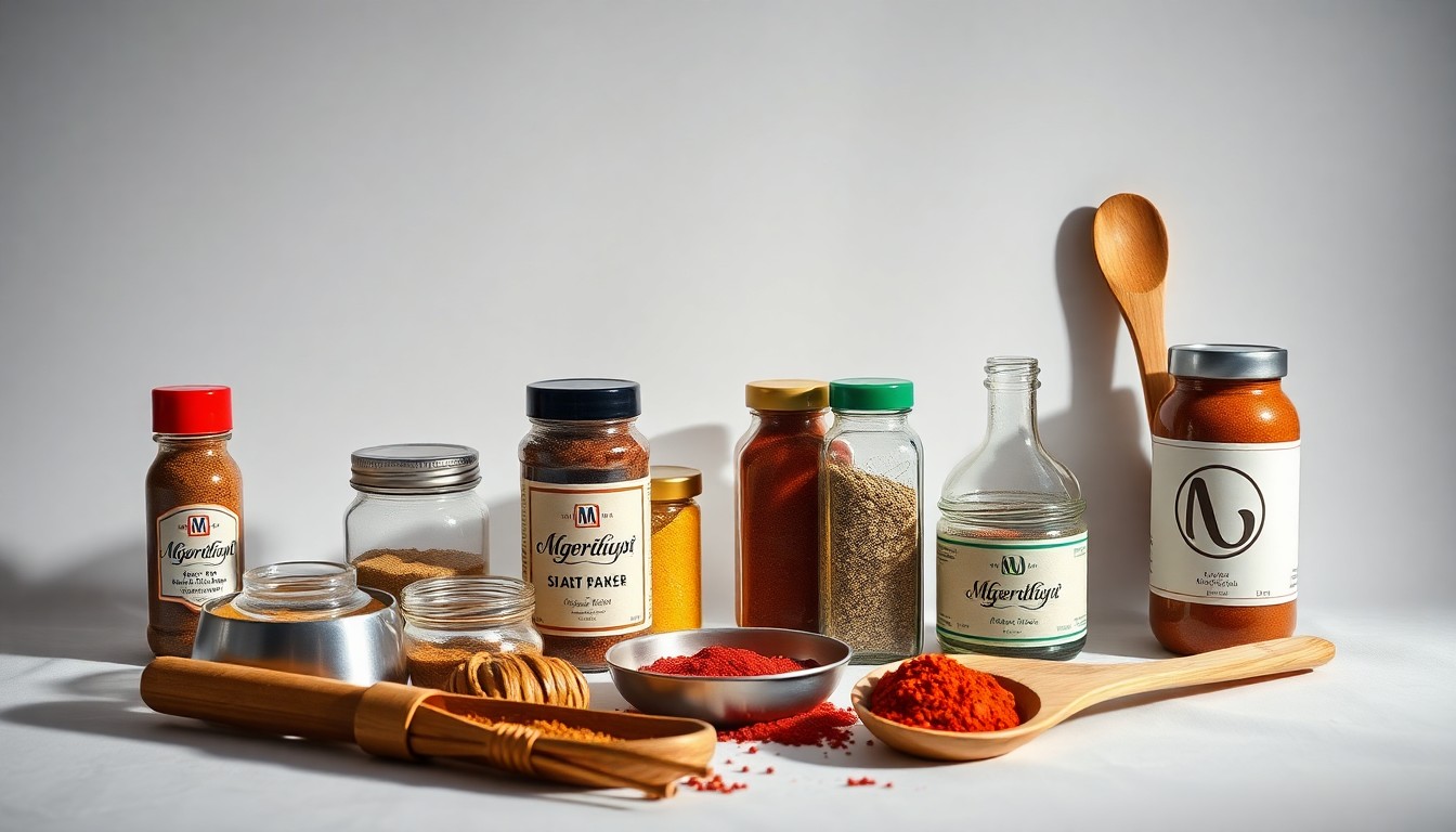A high-end, photorealistic studio still-life photograph featuring a carefully arranged composition of premium, polished metal spice containers, glass bottles, and wooden utensils on a clean, monochromatic seamless background, conceptually representing the strategic combination of McCormick's and Unilever's flavor portfolios.