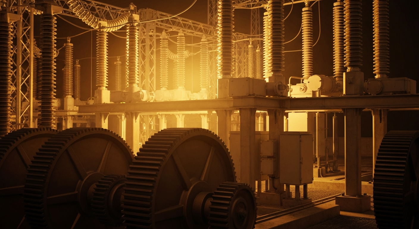 An extreme close-up of the inner workings of an industrial power substation, with intricate gears, valves, and other components bathed in a warm, amber glow, conveying the scale and complexity of the vital infrastructure that supports Edison International's utility services.