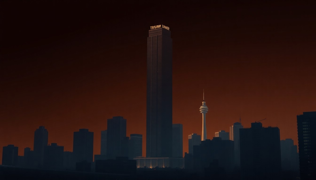 A cinematic painting of a soaring glass and steel skyscraper with a needle-like spire, bathed in warm, diagonal sunlight and deep shadows, dominating the Miami skyline with the iconic Freedom Tower visible in the background, conceptually illustrating the controversial plan for a Trump presidential library.