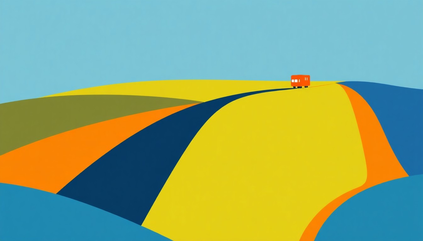 A vibrant abstract illustration using bold geometric shapes and primary colors to conceptually represent rural community development and infrastructure improvements linking key destinations.