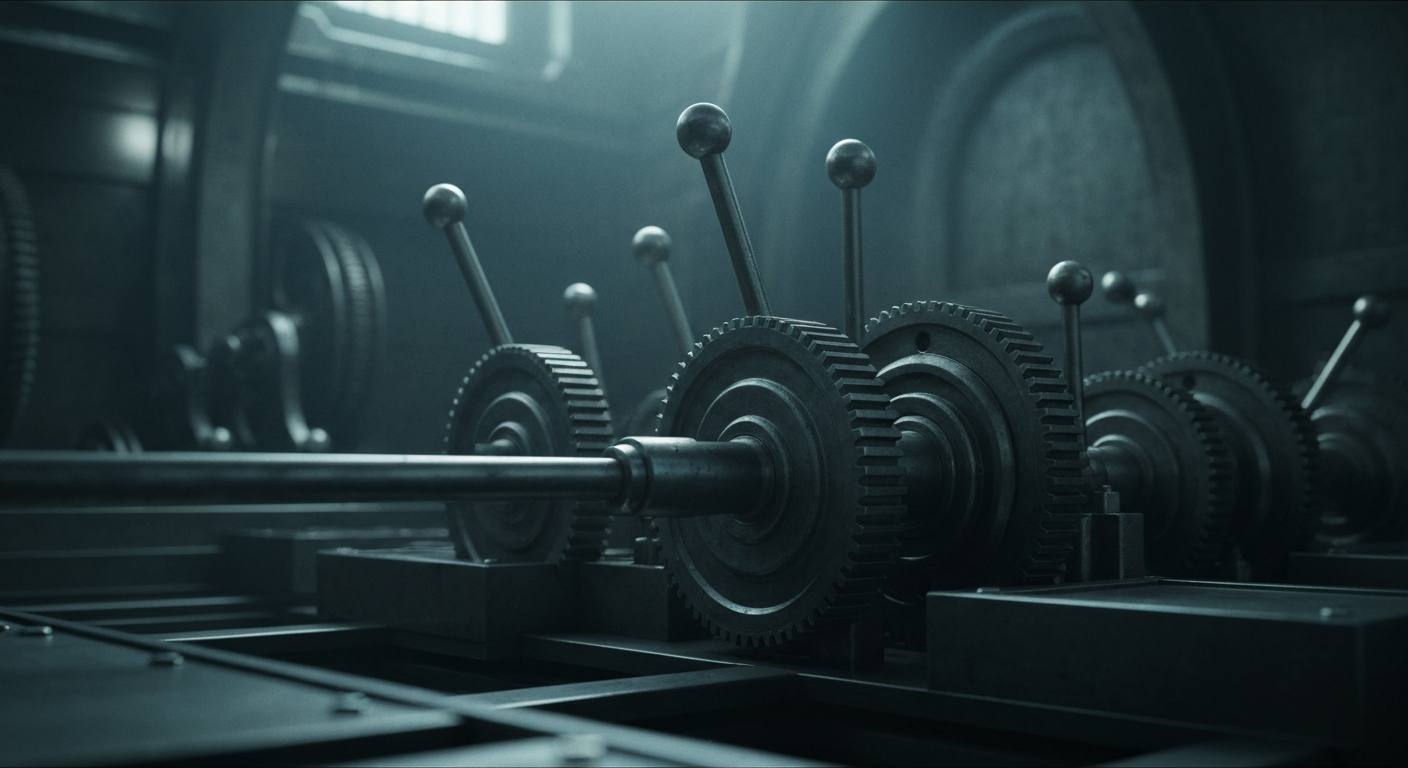 An extreme close-up of intricate, heavy metal banking machinery and gears, dramatically lit to convey the complex financial mechanics behind Westgate Resorts' timeshare loan securitization.