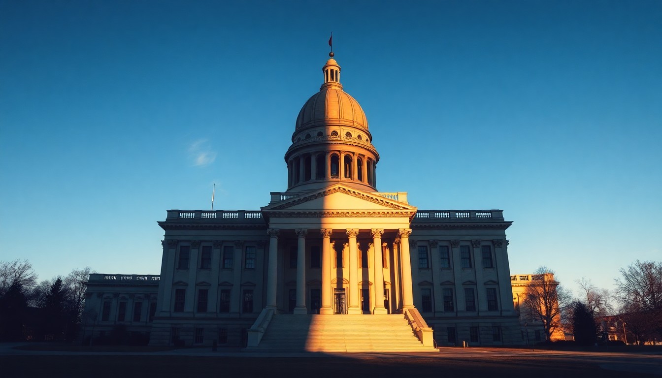 A quiet, cinematic painting of a solitary state capitol building in Madison, Wisconsin, bathed in warm, diagonal sunlight and deep shadows, conveying a sense of political tension and uncertainty.