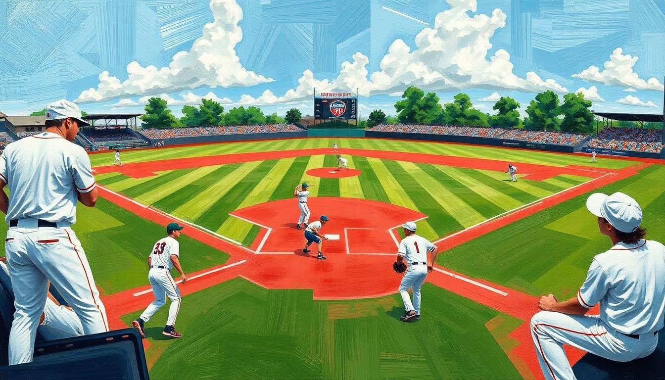 A fragmented, geometric painting depicting the dynamic action of a high school baseball game, with overlapping planes of green, red, and white representing the field, players, and uniforms.