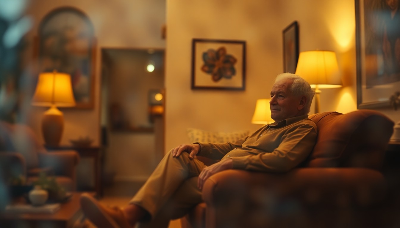 An abstract, out-of-focus interior scene with warm pools of light and color, conceptually representing the comfort and privacy of a supportive housing home for an older adult.