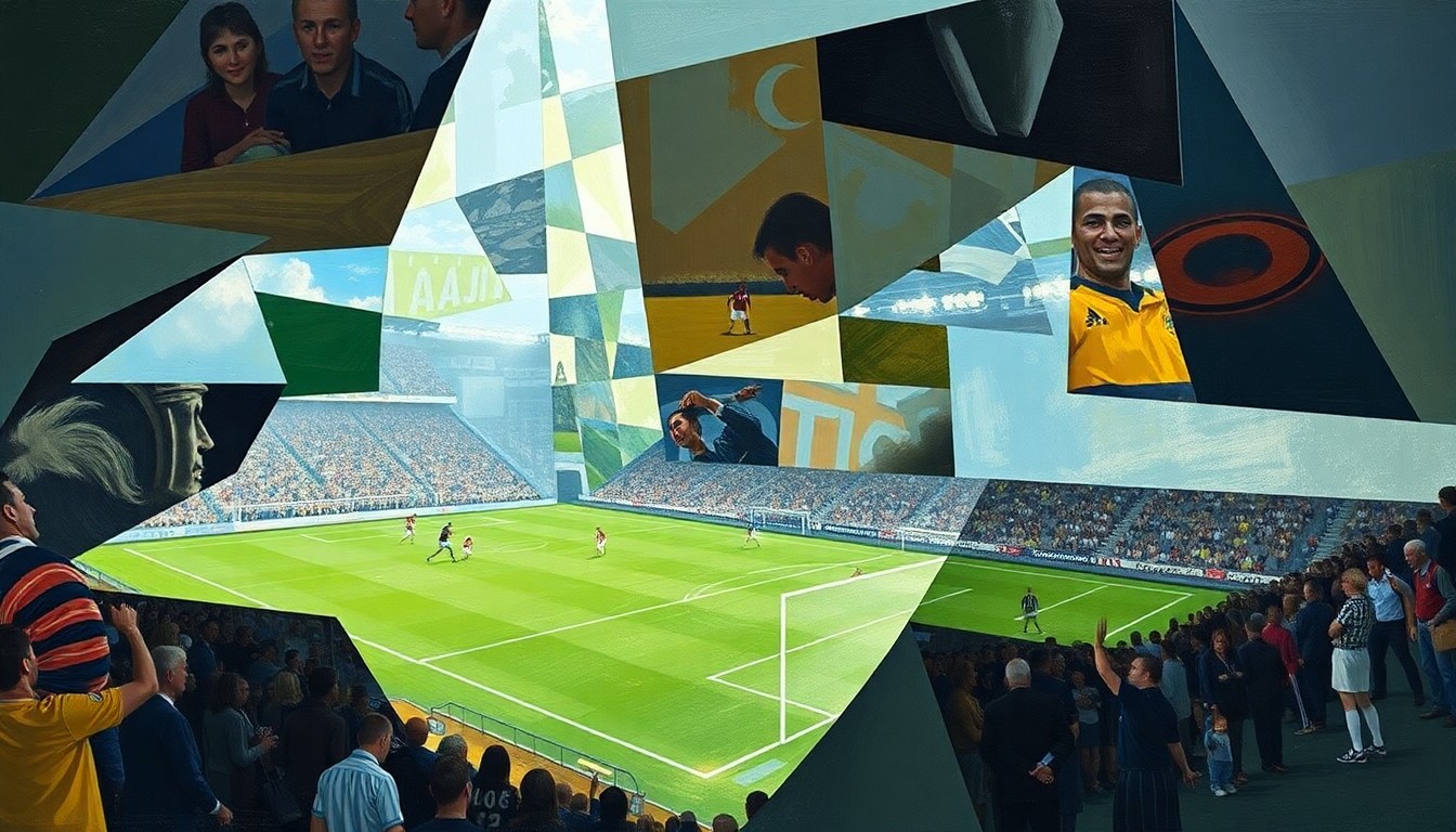 A fragmented, geometric painting depicting the chaotic action of a football game, with players and the ball rendered as overlapping shapes and planes of color.