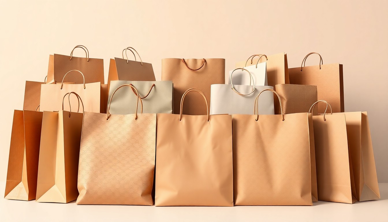 A clean, minimalist studio photograph featuring a carefully arranged display of high-end shopping bags in muted earth tones, conceptually representing the diverse mix of new stores coming to Annapolis Mall.