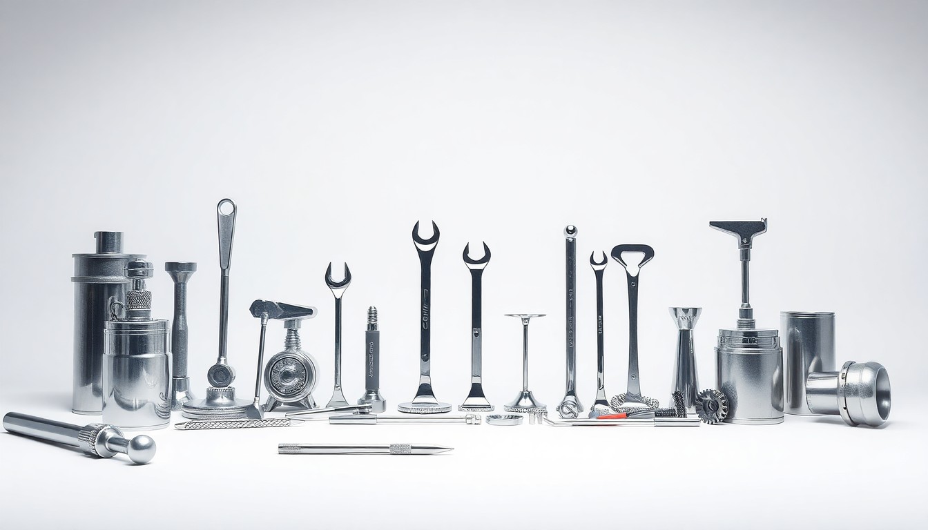 A photorealistic studio still life featuring a collection of shiny metal automotive tools and equipment arranged elegantly on a clean, monochromatic background, conveying the precision and functionality of a modern fleet maintenance facility.