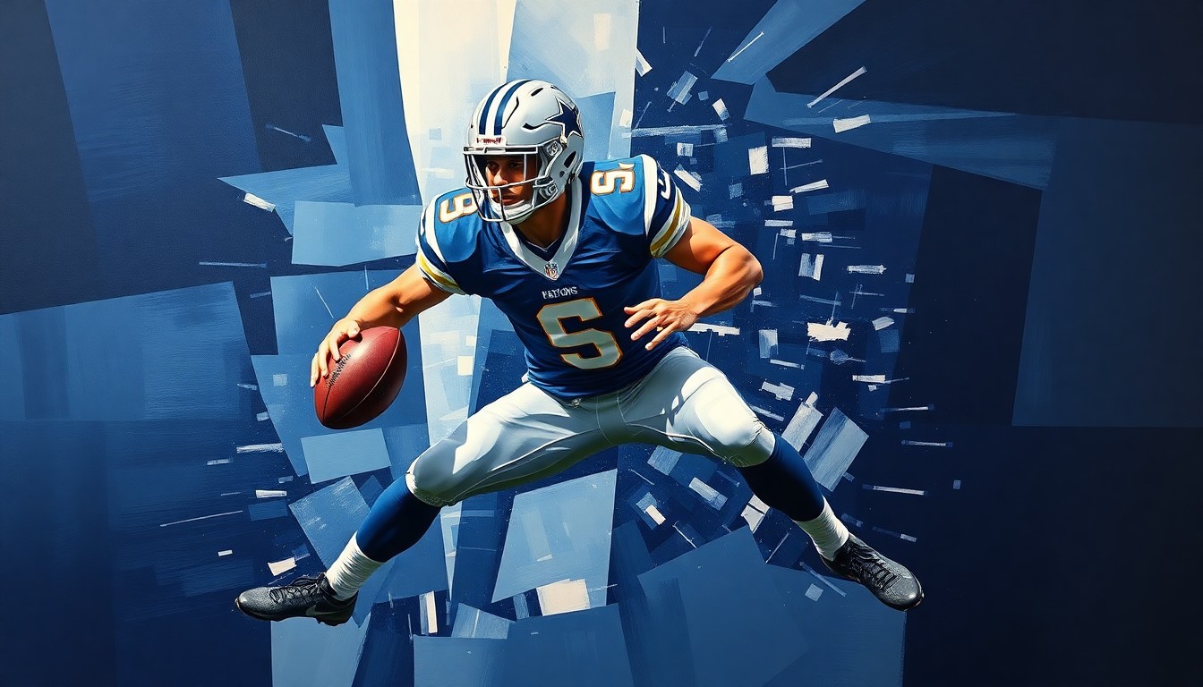A cubist, geometric painting depicting a football player in mid-motion, with sharp, overlapping planes of navy blue, silver, and white, conceptually representing the complex negotiations and uncertainty surrounding a potential Maxx Crosby trade to the Dallas Cowboys.