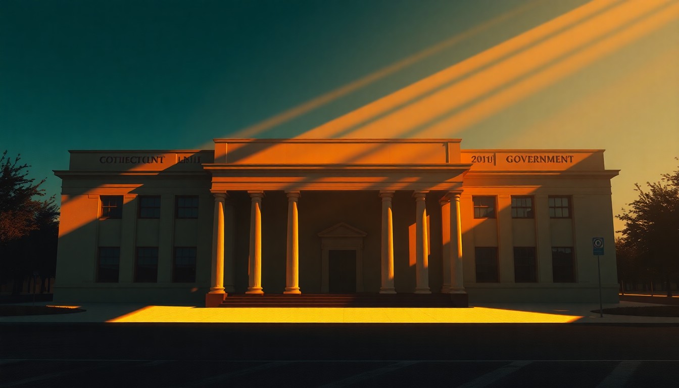 A photorealistic painting of a grand government building or courthouse in a warm, golden light, with deep shadows casting across the facade, conveying a sense of quiet contemplation and the weight of the legal decision at hand.