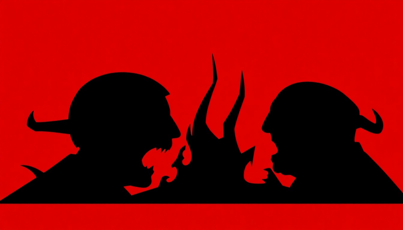An abstract, minimalist illustration featuring sharp, angular black silhouettes against a vibrant red background, conceptually representing the clash of political ideologies and their consequences.