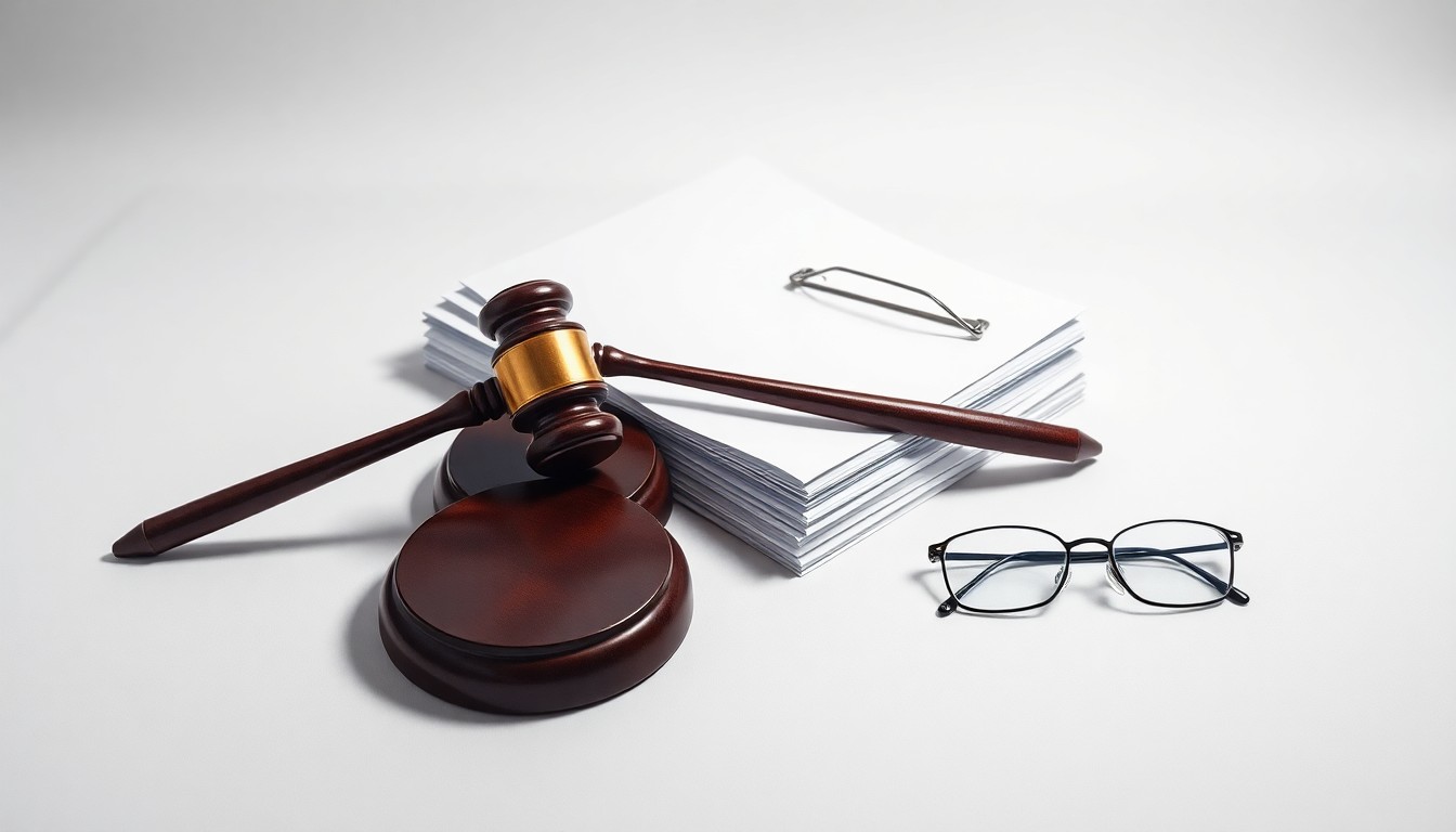 A minimalist studio still life photograph featuring a stack of legal documents, a gavel, and a pair of eyeglasses, conceptually representing the abstract themes of corporate litigation and shareholder rights.