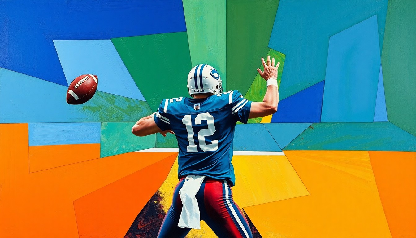 A fractured, geometric painting depicting a quarterback in motion, with sharp planes of color and overlapping perspectives capturing the dynamic nature of the position.