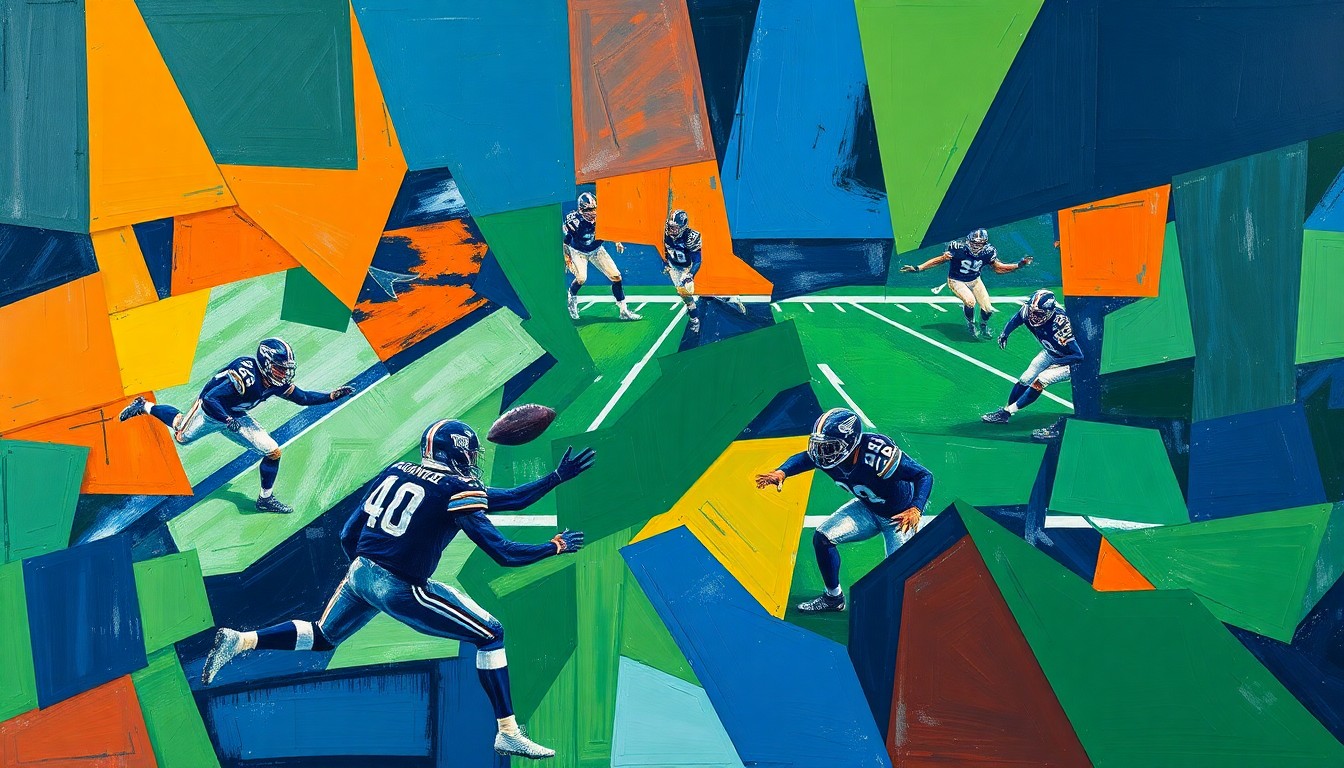 A fragmented, geometric painting in navy, green, and orange tones, depicting a football player's movements and actions broken down into sharp, overlapping planes, conveying the intricate nature of player transactions in the NFL.