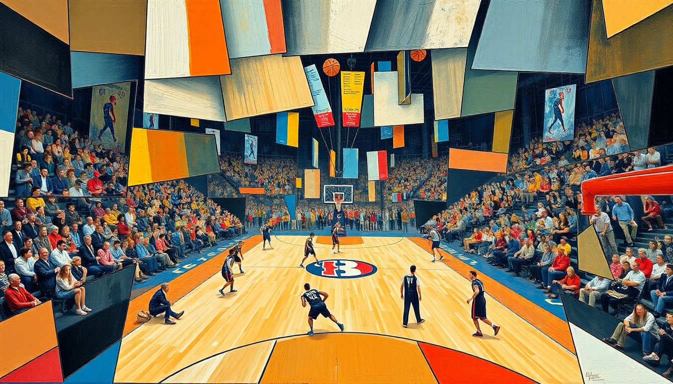 A cubist, geometric painting depicting a fragmented basketball game, with sharp planes of color and overlapping shapes representing the shifting balance of power in college basketball.