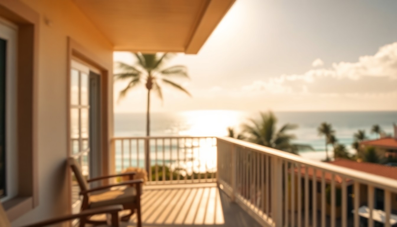 An out-of-focus photograph featuring a balcony overlooking the ocean, with hazy silhouettes of palm trees and buildings in the background, all bathed in warm, golden tones that evoke a sense of relaxation and coastal living.