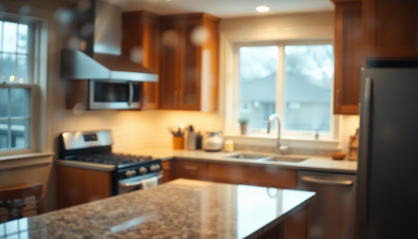 An extremely blurred, impressionistic photograph in warm tones, depicting the soft, out-of-focus silhouette of a high-end kitchen with stainless steel appliances and granite countertops, conveying a sense of comfort and refinement.