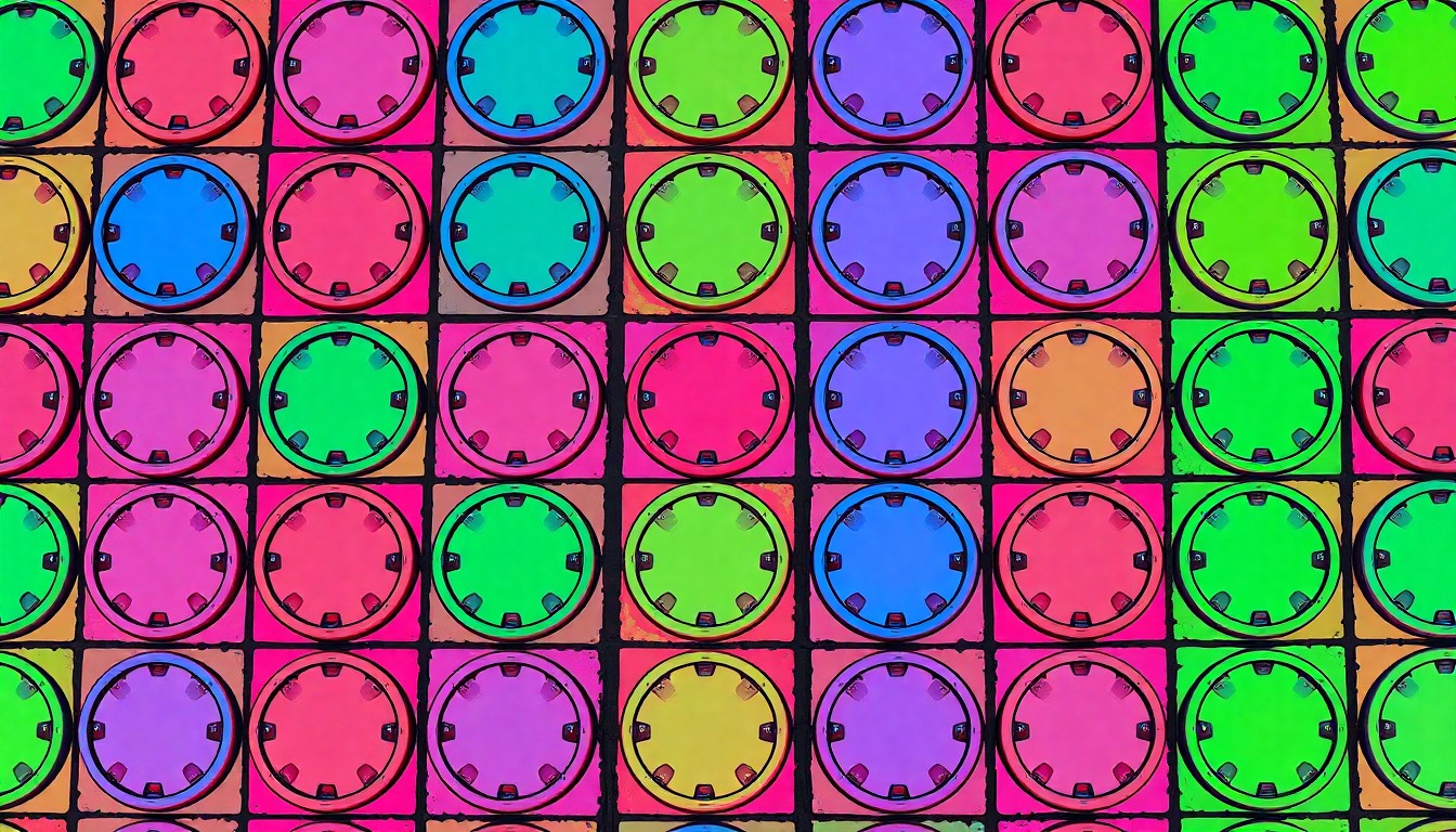 A bold, colorful silkscreen-style illustration featuring a repeating pattern of storm drain covers in vibrant neon hues, conceptually representing the urban infrastructure challenges posed by homelessness in Los Angeles.