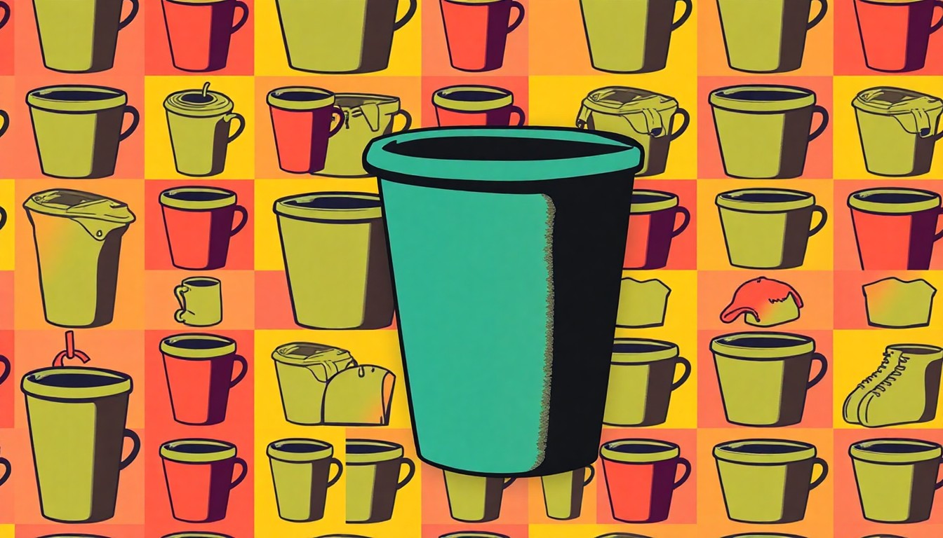 A brightly colored, high-contrast silkscreen print of a coffee cup repeated in a tight grid pattern, representing the everyday lifestyle objects that can sometimes overshadow deeper political discussions between friends.