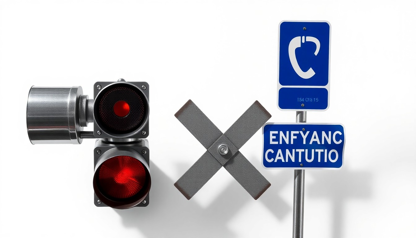 A photorealistic studio still life featuring a polished metal railroad crossing signal arm, a red flashing light, and a blue and white emergency contact sign, conceptually representing the infrastructure investments in rail safety.