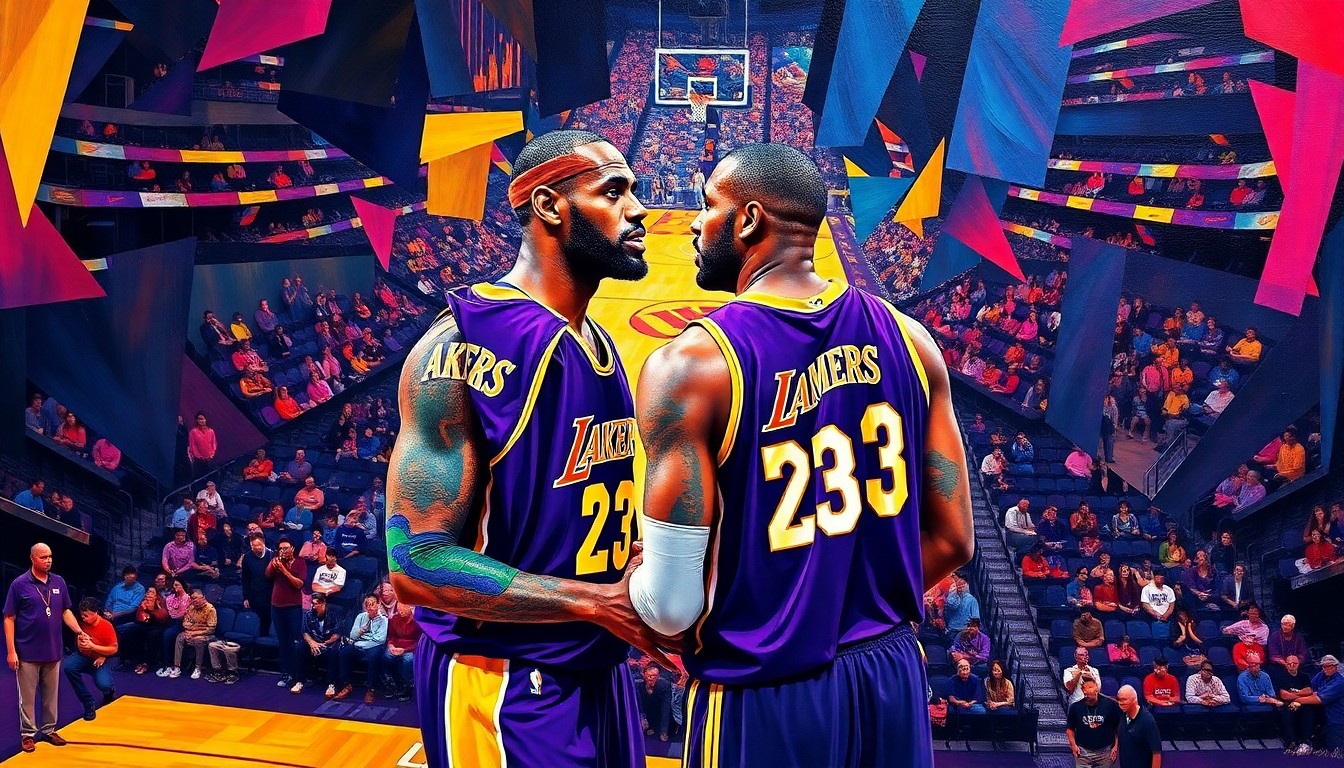 A fractured, cubist-style painting depicting the basketball court and players in vibrant colors and sharp, overlapping geometric shapes, capturing the energy and movement of the father-son moment between LeBron and Bronny James.