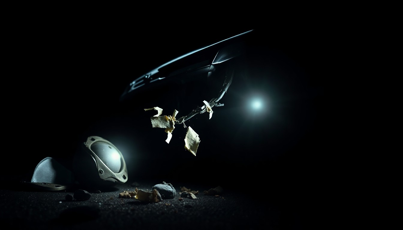An extreme close-up photograph of a twisted, damaged car part or piece of debris from the crash site, lit by a harsh, direct camera flash against a pitch-black background, conveying the gritty, investigative nature of the incident.