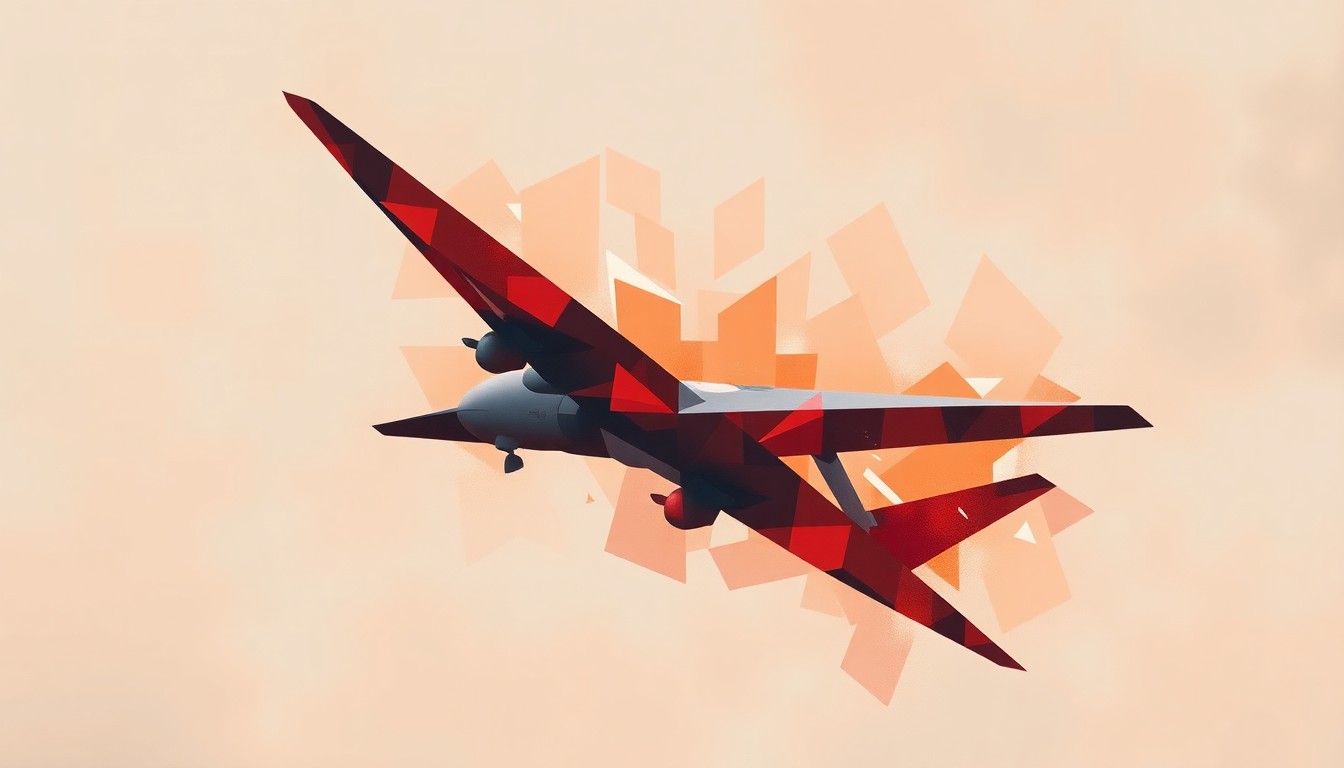 A dynamic, abstract painting of a military drone or missile in flight, with overlapping geometric shapes and waves of color in shades of red, orange, and grey, conceptually representing the fractured debate within the Republican party over the Iran conflict.