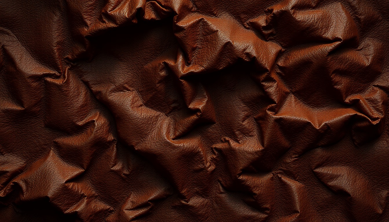 An extreme close-up photograph of a heavily textured, weathered leather surface in dark, moody tones, conveying a sense of vintage Hollywood nostalgia.