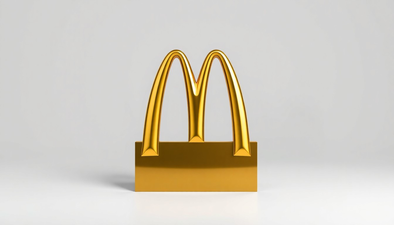 A close-up photograph of a shiny, golden McDonald's logo plaque on a plain white background, symbolizing the corporate success and community-focused leadership of women in the McDonald's system.