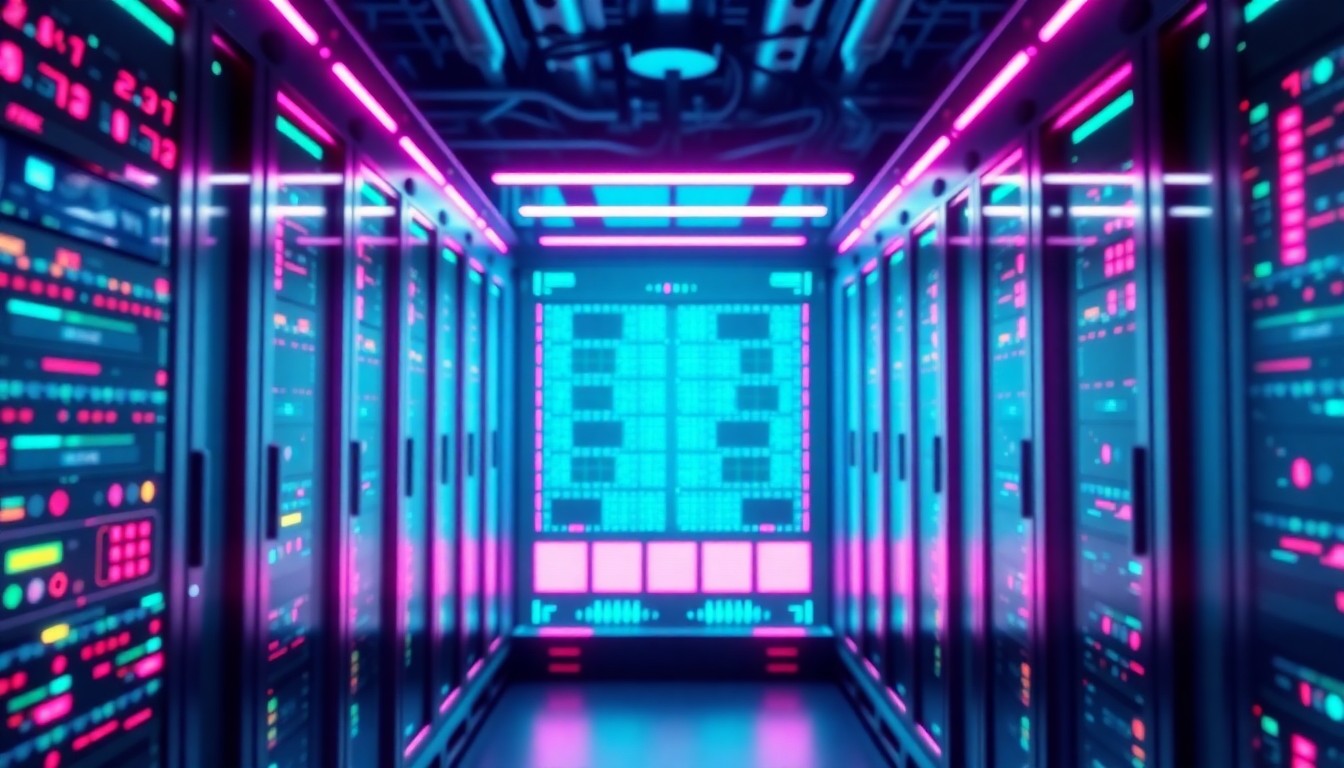 A highly detailed, glowing 3D illustration of a futuristic data center server rack, with neon cyan and magenta lights illuminating the intricate hardware components, conceptually representing the power and infrastructure required to support modern artificial intelligence and cloud computing.