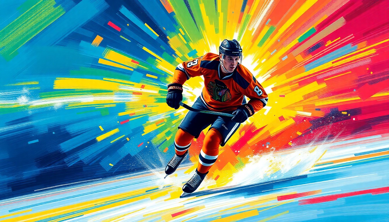 An abstract, expressionist painting in neon colors depicting the dynamic movements of a hockey player on the ice, capturing the raw energy and excitement of the sport.