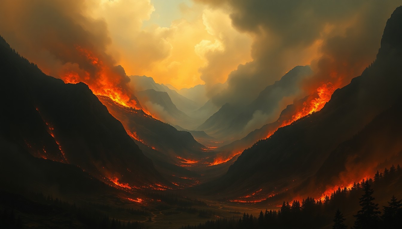 A sweeping, atmospheric landscape painting depicting a massive wildfire raging across a vast, desolate expanse, the flames and smoke dwarfing any physical structures or objects caught in its path.