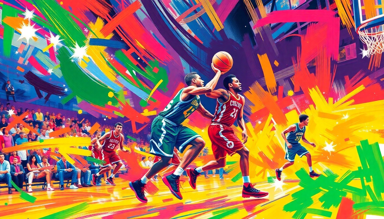 An abstract, vibrant painting featuring expressive brushstrokes and neon colors that capture the dynamic motion and intensity of a high school basketball game, with the players' forms dissolved into colorful, gestural shapes.