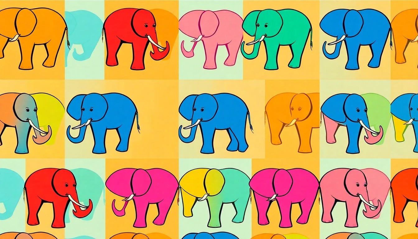 A bold, colorful silkscreen-style illustration featuring a repeating grid of stylized elephant icons in vibrant neon shades, conceptually representing the modernization and revitalization of the Amarillo Zoo.