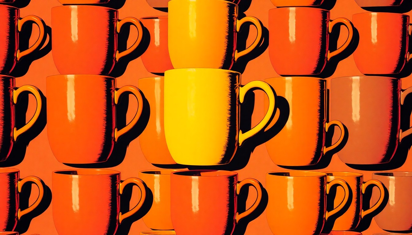 A bold, colorful silkscreen-style illustration featuring a repeating pattern of a handcrafted ceramic mug in shades of neon pink, orange, and blue, conceptually representing the unique artisanal goods available at the Arts in the Sunset Spring Market.