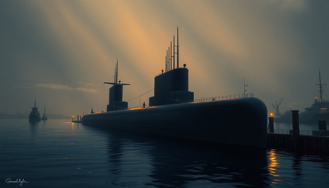 A serene, cinematic painting depicting the USS Massachusetts submarine docked in Boston Harbor, with the vessel's sleek silhouette and reflections in the water bathed in warm, golden light and deep shadows, capturing the quiet power and significance of this new addition to the Navy's fleet.