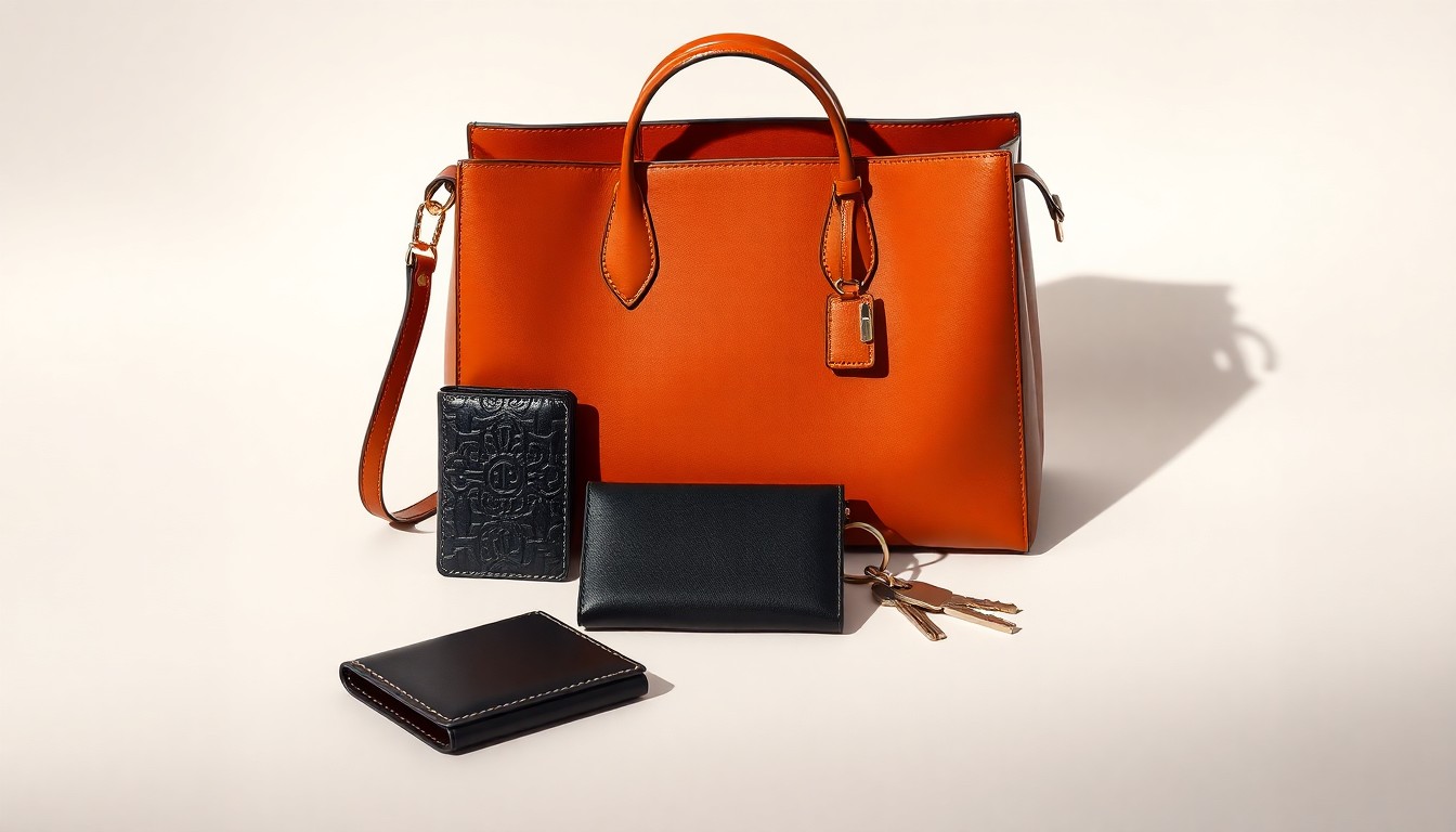 A high-end, photorealistic studio still-life photograph featuring a designer handbag, a wallet, and a set of keys arranged elegantly on a clean, monochromatic seamless background, conceptually representing the growth of discount retail amid economic uncertainty.