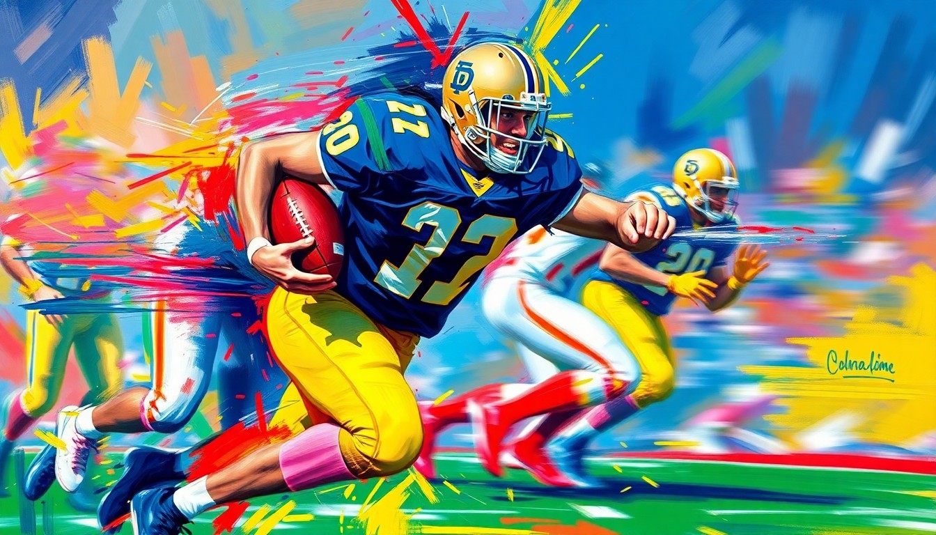 An abstract expressionist painting in vibrant neon colors, with rapid brushstrokes capturing the dynamic motion of a Notre Dame football player breaking through the line of scrimmage, their form dissolving into an energetic blur.