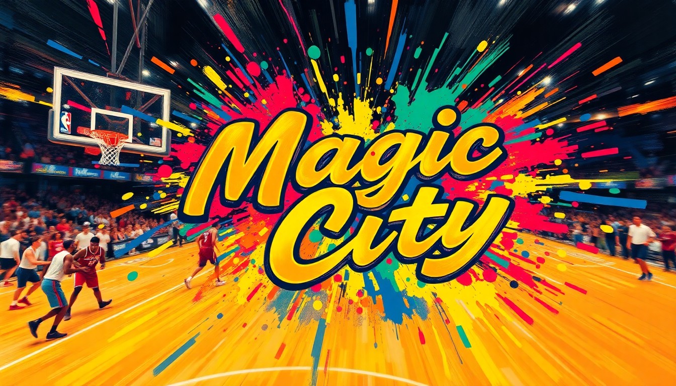 An abstract, expressionist painting in neon colors depicting the energy and movement of a basketball game, with the Magic City logo dissolving into unrecognizable brushstrokes.